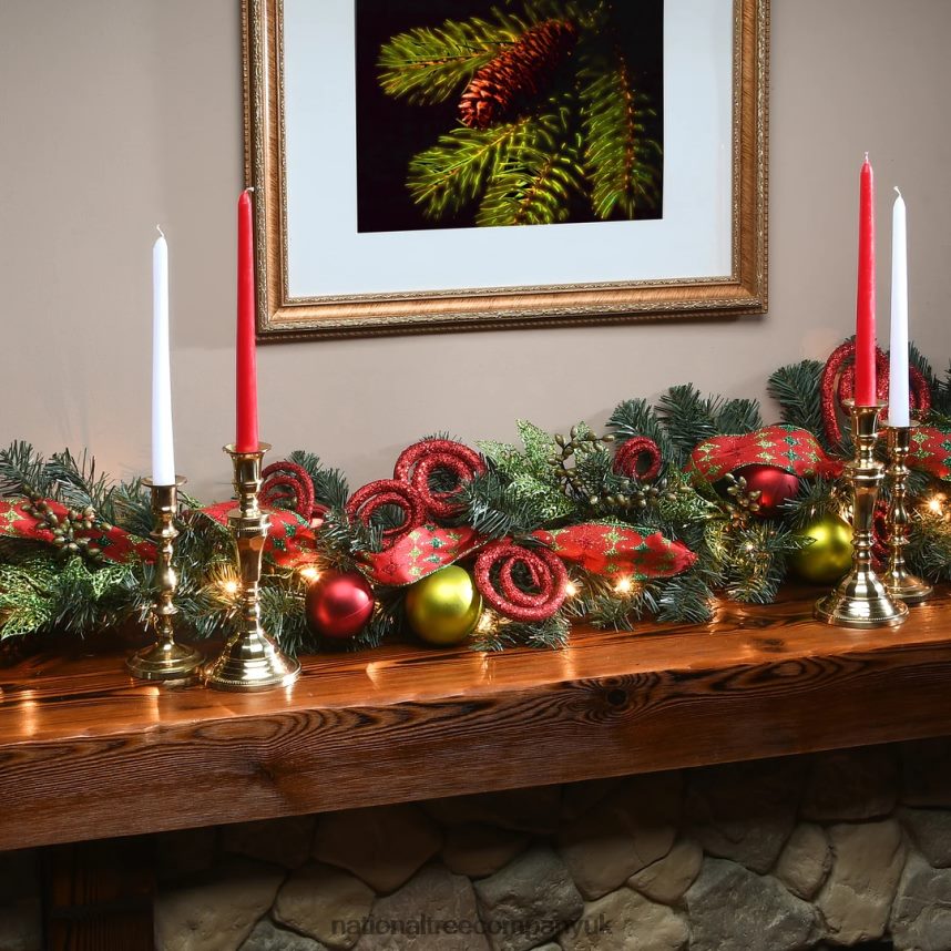 Greenery | National Tree Company Pre-Lit Artificial Christmas Garland Green Evergreen Decorated With Berry Clusters Ribbon Ball Ornaments Plug In Christmas Collection 9 Feet F2L4F391